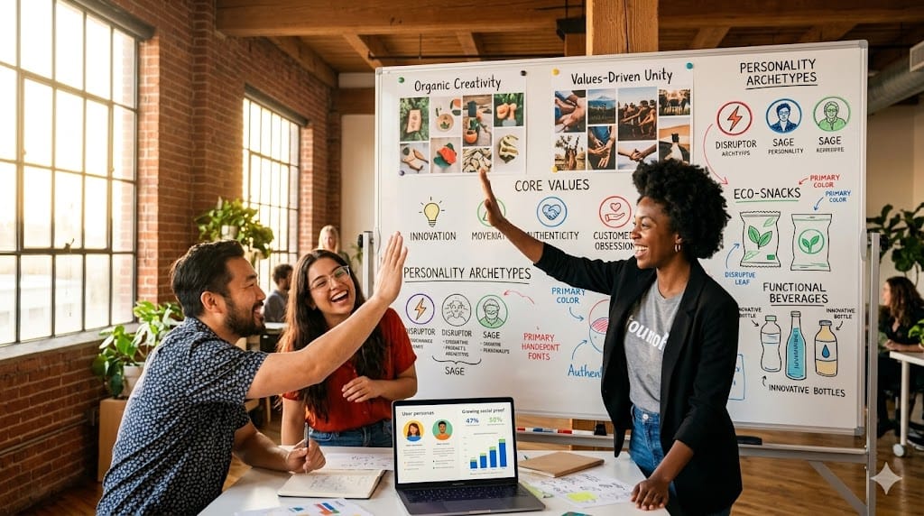  Passionate entrepreneurial team collaboratively shaping brand identity around shared core values, with vibrant mood boards, cultural alignment icons, and innovative product sketches in a dynamic creative studio workspace.
