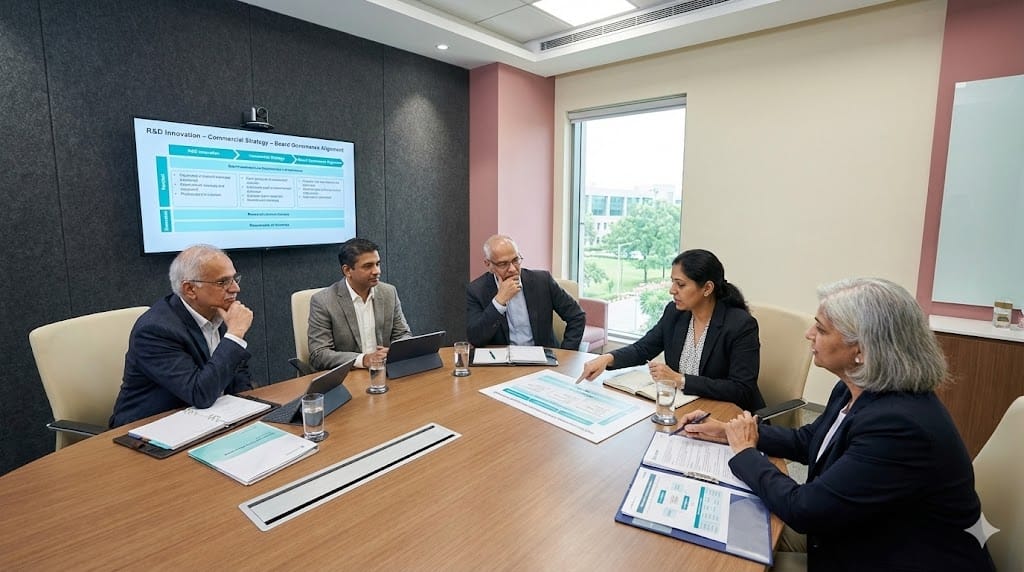 R&D leaders, commercial executives, and board members collaborating in a strategic meeting to evaluate leadership cultural fit in a pharmaceutical company