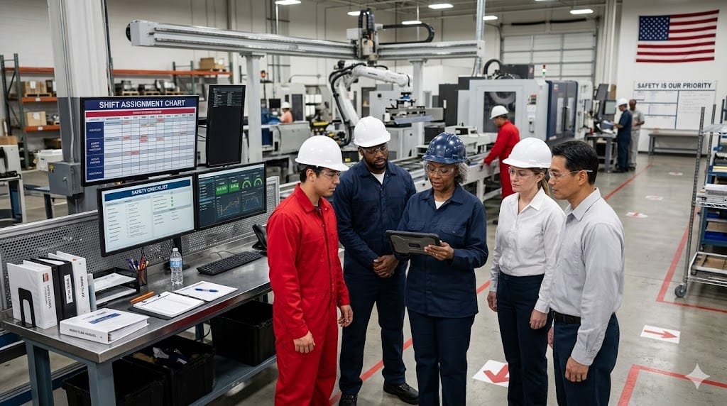 Diverse manufacturing team discussing work plan with supervisor on factory floor representing cultural fit in operations