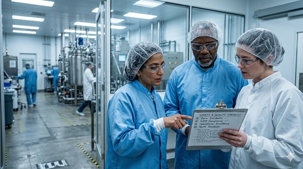 A realistic, eye-level shot of a diverse team of manufacturing leaders in a cleanroom gowning area, engaged in a serious "Safety et Quality" huddle. One leader points to a safety checklist on a clipboard while others listen intently. The lighting is natural but slightly cool, emphasizing a serious, professional atmosphere. The palette should be cool blues, whites, and sterile grays to reflect the clinical nature of pharma, avoiding warm or overly saturated colors.