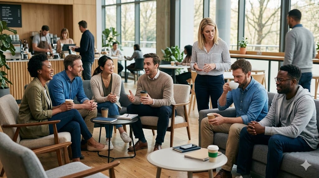 A group of professionals in an informal setting showing subtle social disconnects, illustrating cultural misfit signals during casual conversation
