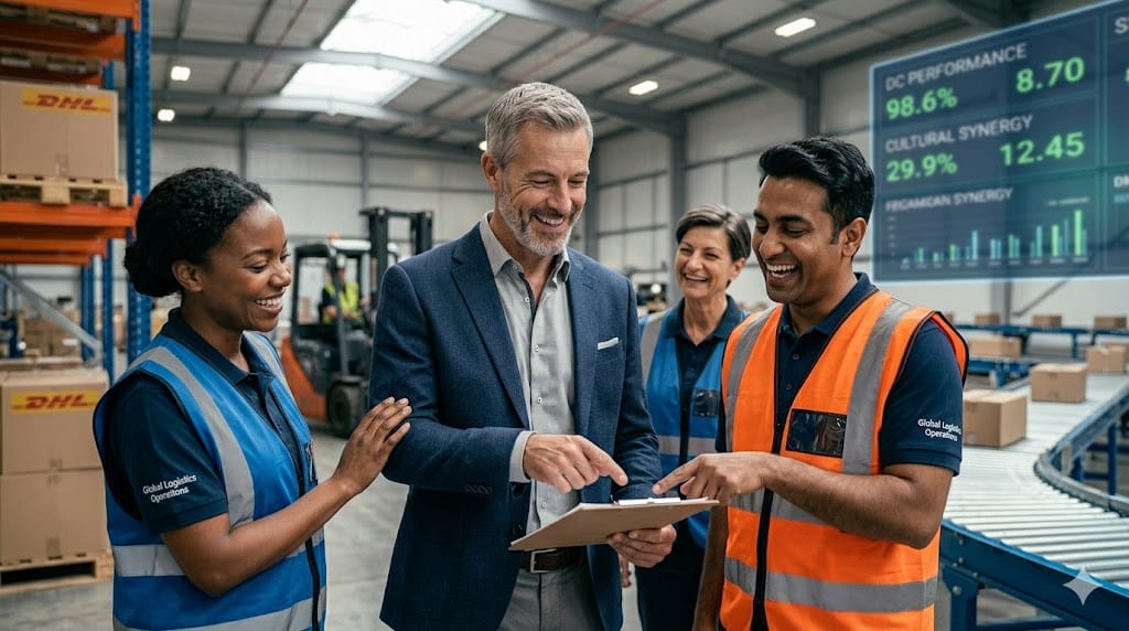 Supply chain leader engaging with frontline workers on warehouse floor showing teamwork, leadership, and strong organizational culture