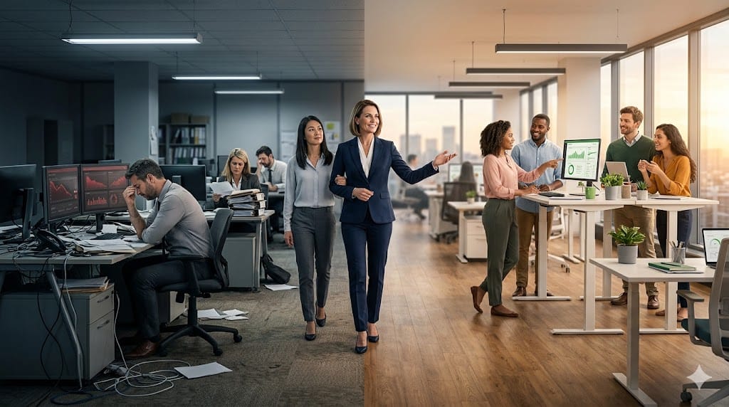 Leadership team guiding cultural transformation under performance pressure in a dynamic corporate environment