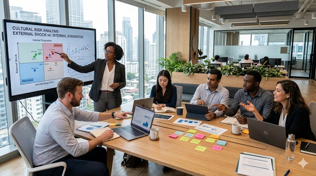 Diverse corporate team analyzing cultural risks, balancing external shocks and internal stagnation using charts and brainstorming in a modern office