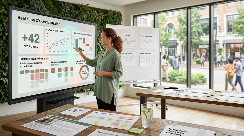 pioneering Head of Customer Experience leading retail CX transformation, analyzing omnichannel journey maps and NPS recovery trajectories in modern experience design studio.
