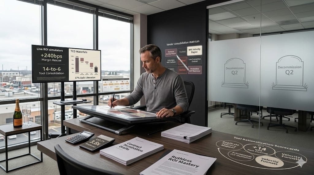 CX leader rationalizing technology stack for maximum ROI, pruning redundant martech tools while prioritizing conversion impact in executive review suite.
