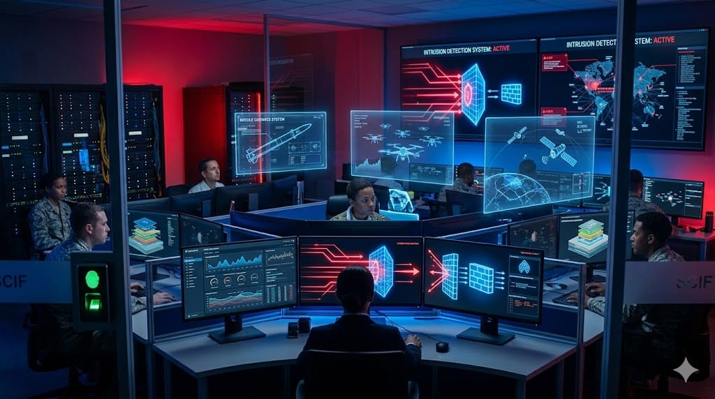 Realistic landscape photo of cybersecurity operations protecting weaponized digital infrastructure, showing defense analysts monitoring encrypted military networks, quantum firewalls blocking cyber threats, and secure command systems with intrusion detection overlays in a high-security SOC.