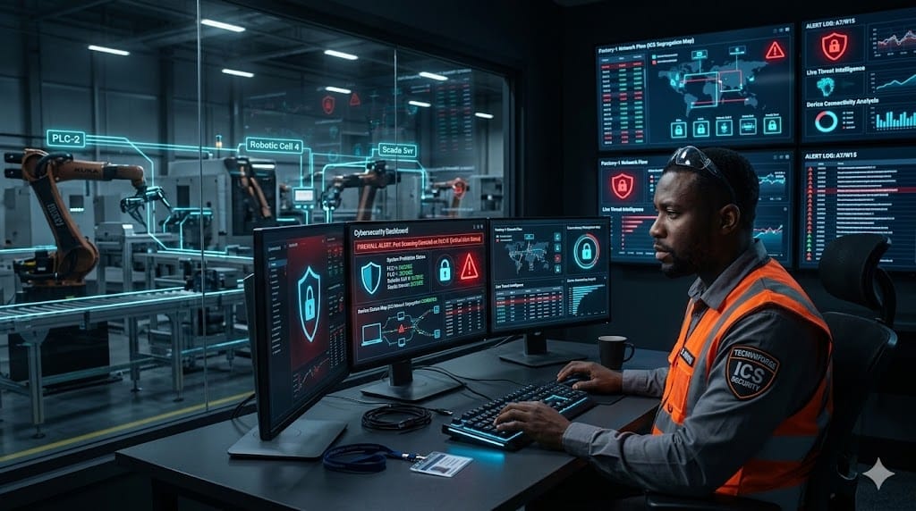 Cybersecurity in smart manufacturing concept with secure network screen, factory automation system, and engineer monitoring digital security dashboard