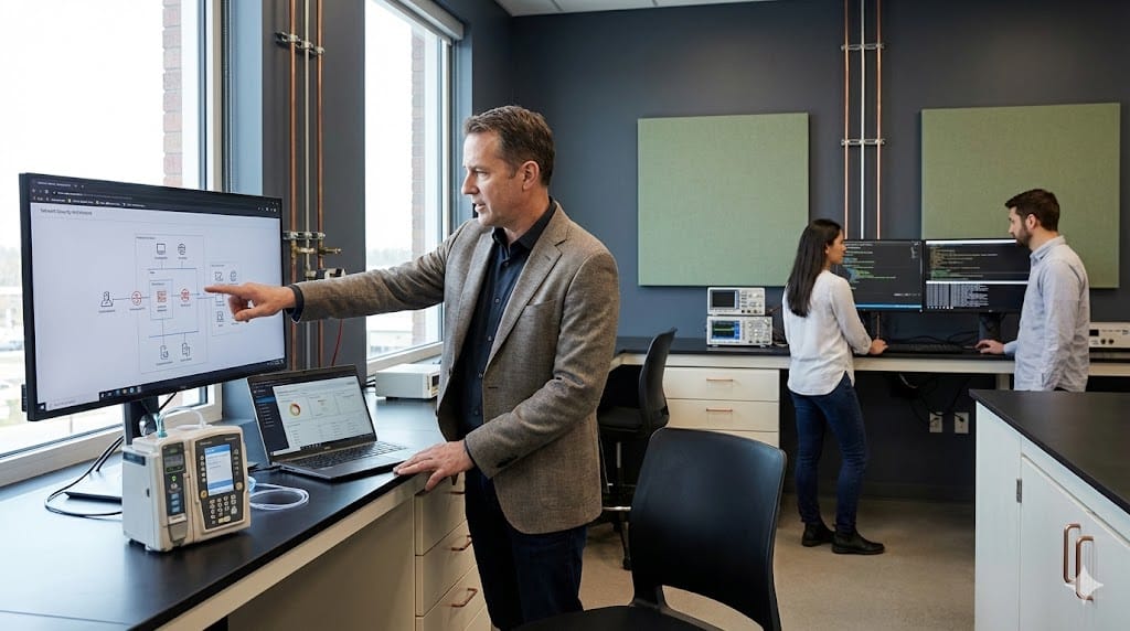 Cybersecurity executive reviewing connected medical device security architecture in a modern device testing lab with engineers monitoring network protection systems, highlighting leadership in digital health security.