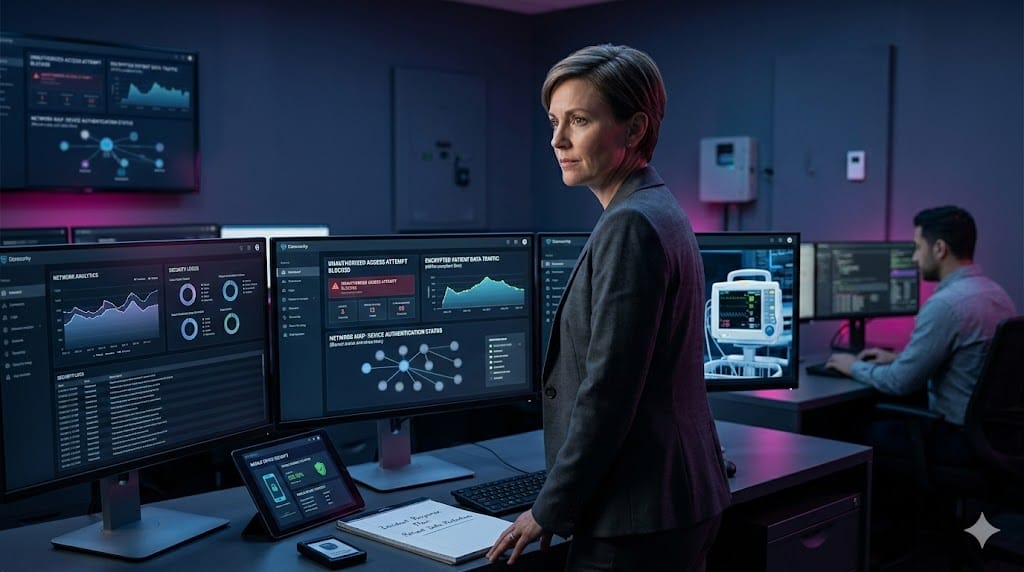 Healthcare cybersecurity leader monitoring patient data protection systems and security analytics dashboards in a modern security operations environment.