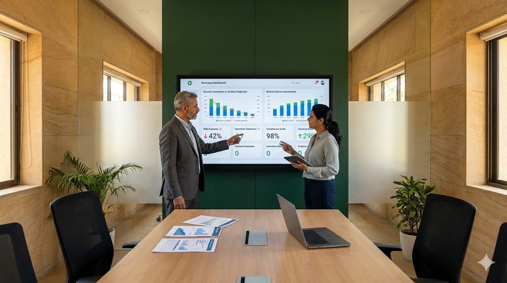 Technology and finance executives reviewing cybersecurity investment metrics and ROI dashboards for connected medical device ecosystems in a modern enterprise analytics center.