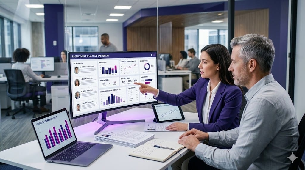 Executive recruitment using data analytics with hiring dashboard, candidate profiles on screen, and HR team reviewing metrics