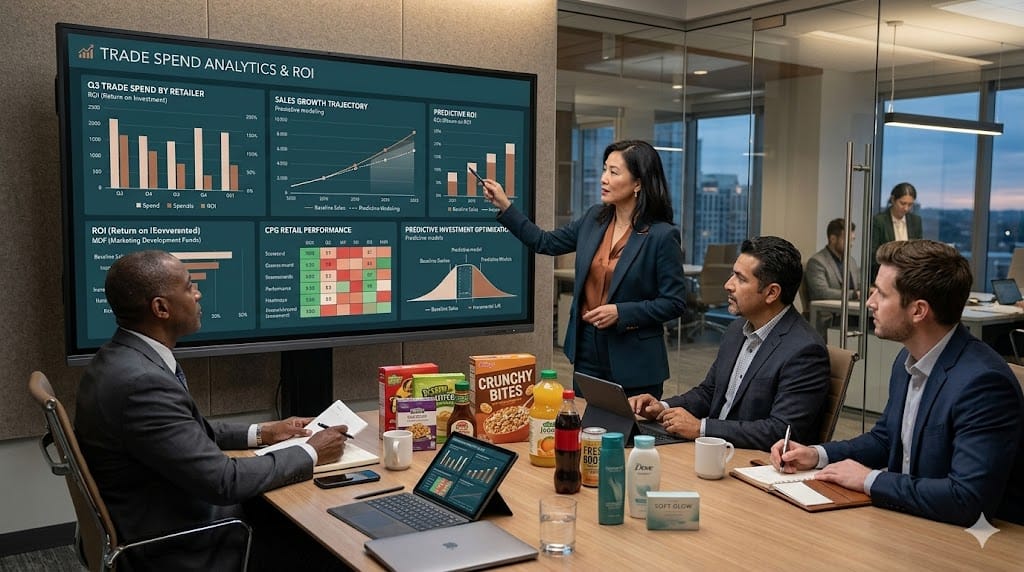 Business executives analyzing data analytics dashboard to make trade investment decisions with charts, ROI metrics, and retail performance data