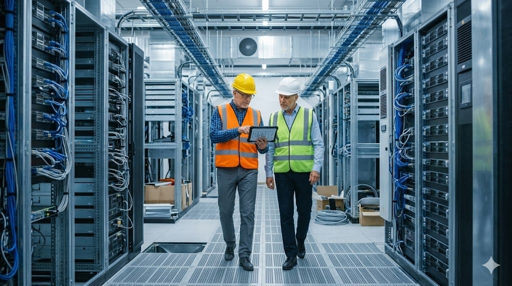 Executives touring data center facility during construction leadership hiring process