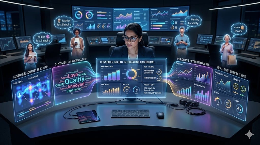 Professional analyst in modern analytics center integrating data streams from consumer behavior graphs, heatmaps, and surveys into actionable insights on large screens surrounded by digital consumer avatars