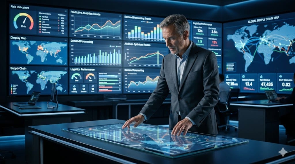 Supply chain executive analyzing risk dashboards and predictive analytics with advanced data visualization screens in a modern technology workspace