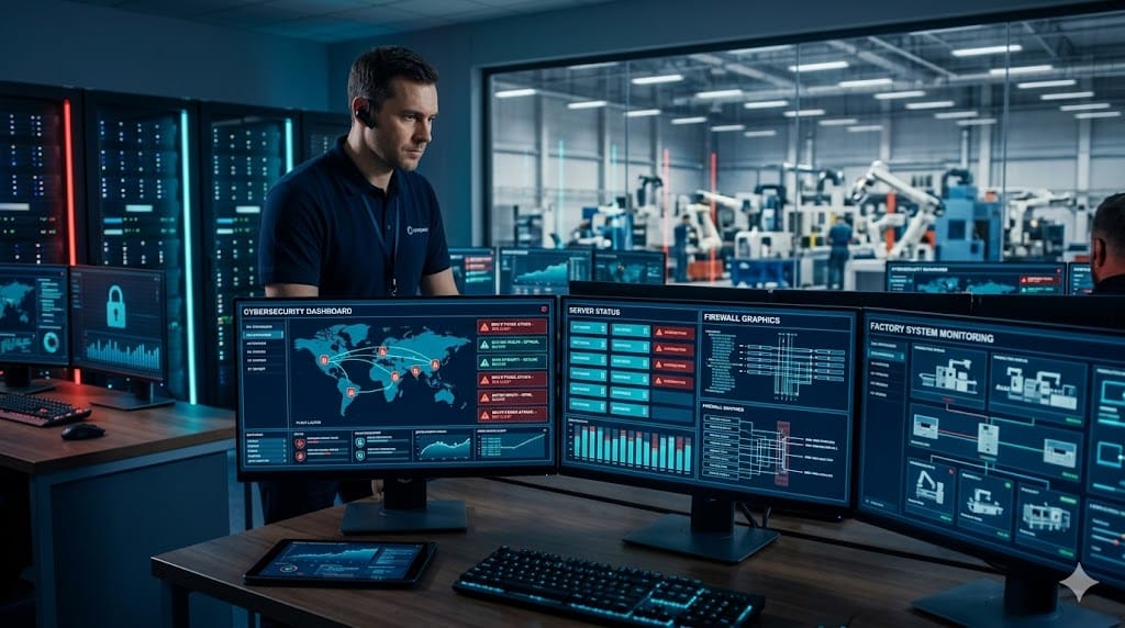 Cybersecurity engineer monitoring data governance and network security for manufacturing systems