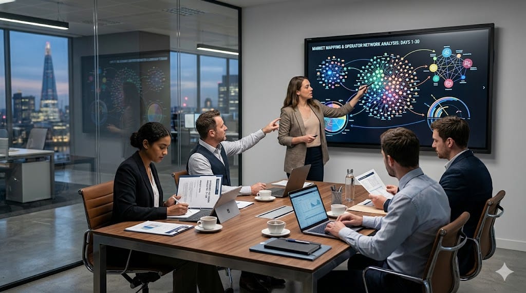 Team analyzing market mapping and operator networks during the first 30 days of a strategic executive search process