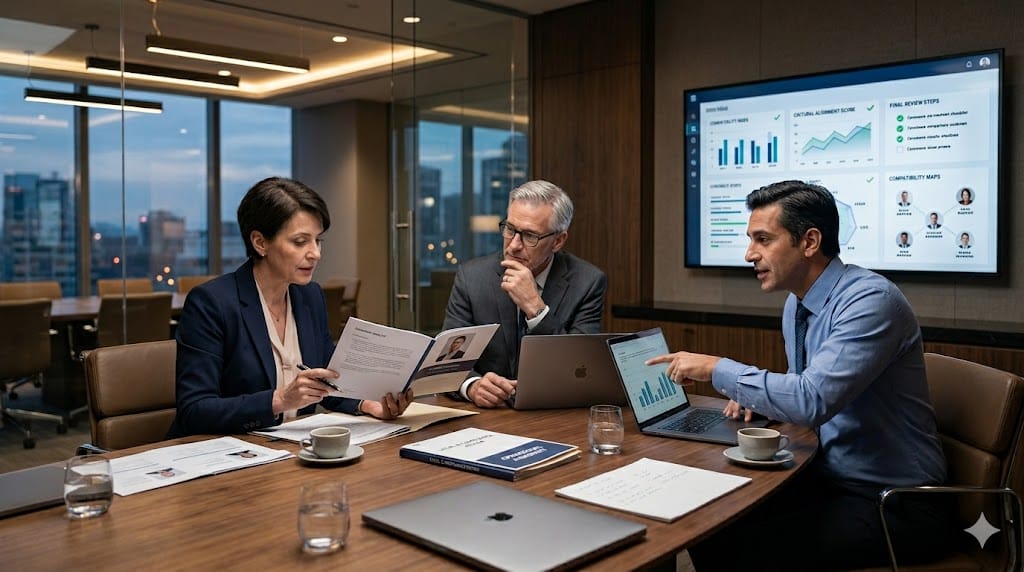 Executives conducting due diligence and assessing cultural fit for leadership candidates in a corporate strategy setting