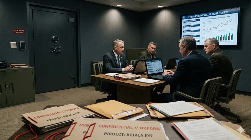 Defense officials reviewing classified program documents inside secure restricted briefing room