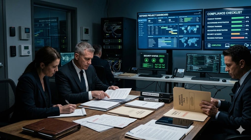 Defense industry executives reviewing compliance documents and candidate profiles in secure operations room