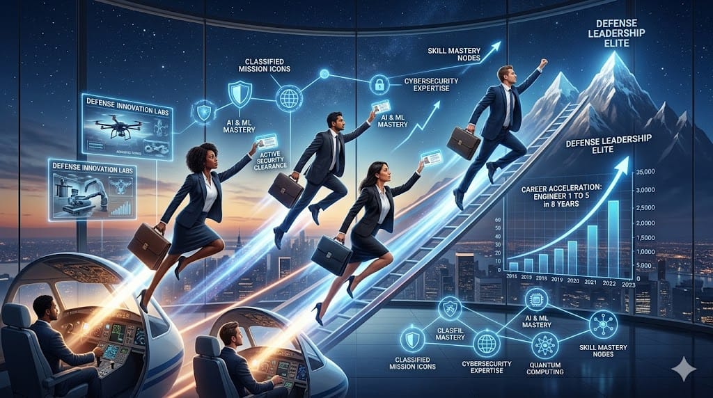 Dynamic landscape illustration of executives accelerating career trajectories through defense domain expertise, depicted as rocket-propelled professionals with clearance badges launching from aviation platforms toward C-suite constellations amid mission-critical graphs and innovation hubs.