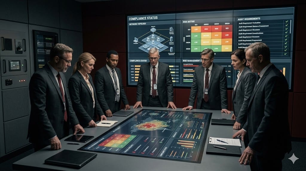 Defense compliance leaders analyzing risk assessment charts and security reports in strategic briefing room