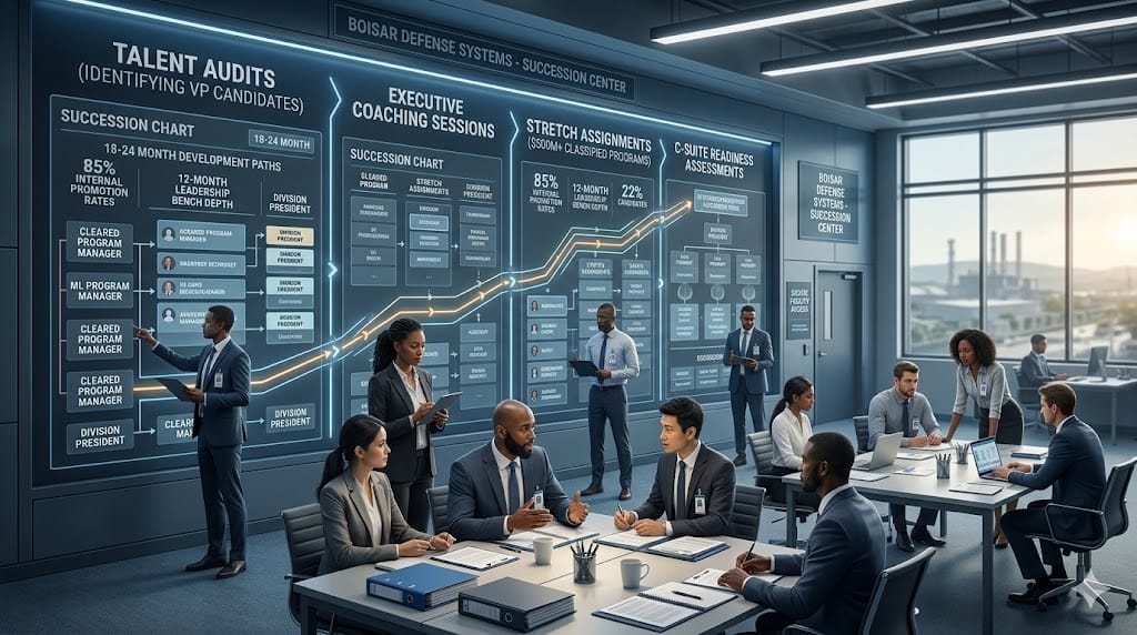 Realistic landscape photo of defense contractors building executive succession pipelines, showing high-potential cleared leaders advancing through structured development stages on interactive talent matrices, from program managers to C-suite ready executives in a secure leadership development war room.