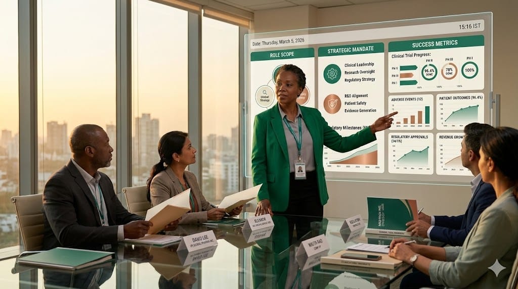 Chief Medical Officer reviewing clinical strategy metrics and organizational responsibilities in a pharmaceutical company boardroom