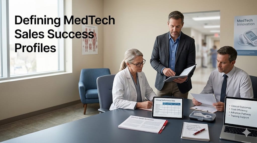High-performing medical device sales leader presenting clinical product data to hospital decision-makers in a professional healthcare setting.