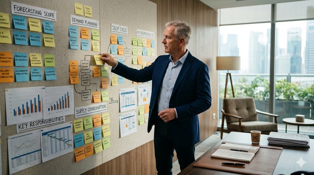 Supply chain executive defining demand planning and S&OP role scope using strategy board in premium office
