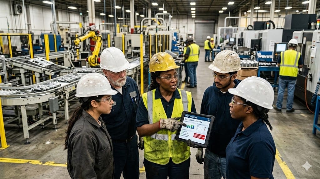 A realistic, eye-level shot inside a busy, high-tech manufacturing floor where a diverse group of frontline supervisors and operators are gathered around a supervisor in a high-visibility vest. The supervisor is pointing to a tablet displaying a "Daily Standup" agenda, while the team listens intently. The background shows automated machinery in operation. The lighting is bright and functional, with the warm glow of overhead industrial lights. The palette is a mix of industrial grays, safety orange/yellow, and the muted tones of the factory floor.