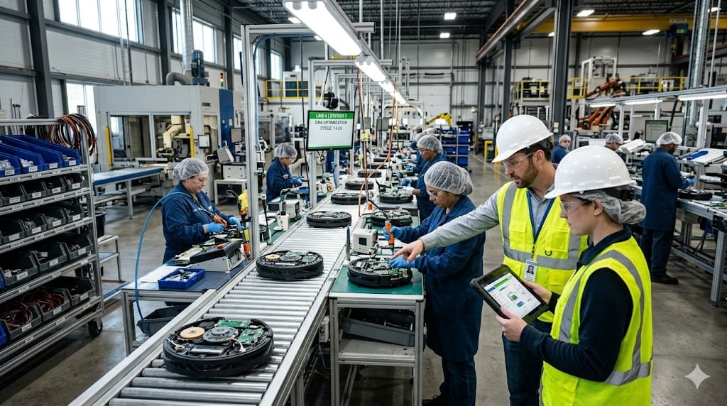engineers analyzing product assembly process on manufacturing line for production optimization