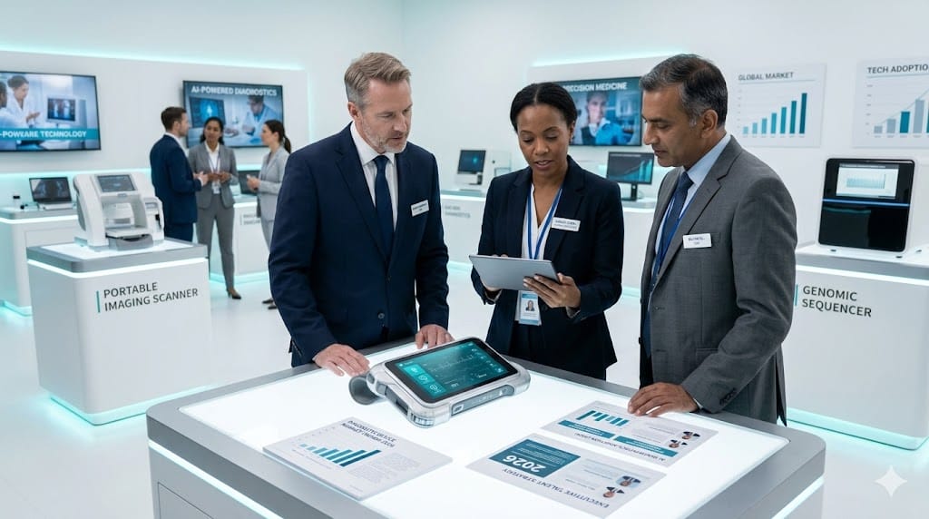 Medical technology executives discussing diagnostic device innovations and leadership strategy at a health tech innovation center.