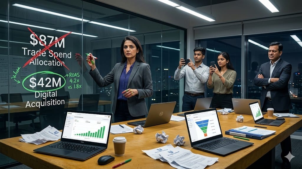 High-stakes budget reallocation war room where CPG CMO crosses out massive "Trade Spend $87M" line item while circling "Digital Acquisition $42M" with green highlighter on a glass wall budget model, showing ROAS comparisons (Digital 4.2x vs Trade 1.8x) amid scattered ecommerce dashboards and fading slotting fee contracts.
