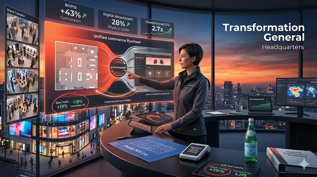  brick-and-mortar retailer accelerating digital commerce transformation, unifying POS and ecommerce platforms in hybrid retail command center.