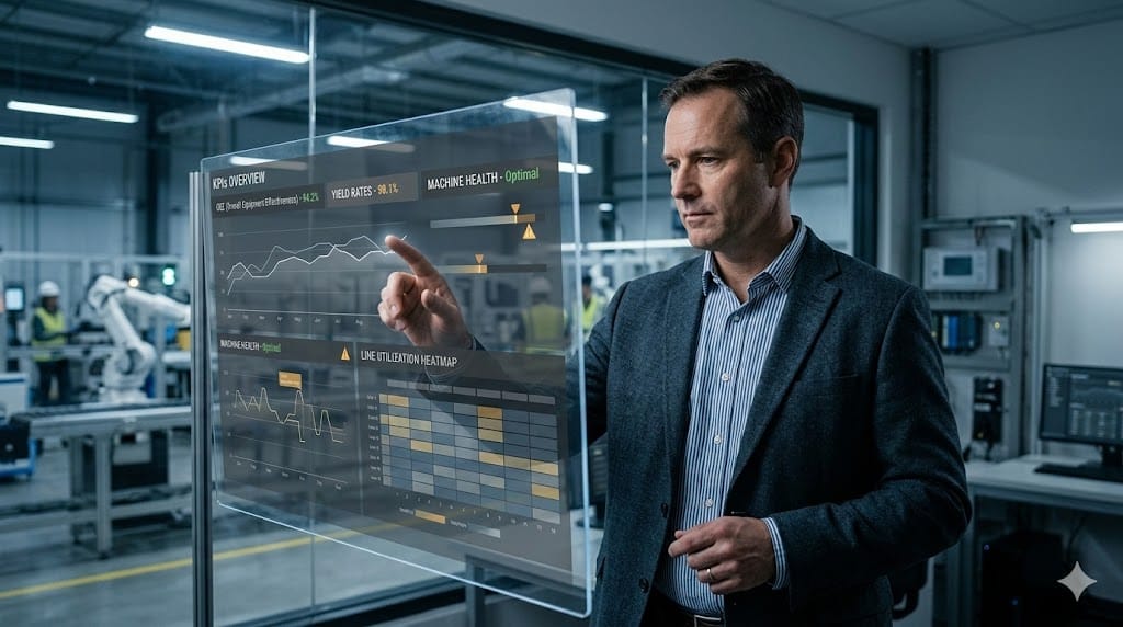 A realistic close-up of a manufacturing leader in a smart factory control room, intently analyzing a large, transparent touchscreen display. The screen shows a complex, real-time dashboard with KPIs like OEE, yield rates, and machine health, visualized with clean line charts and heatmaps. The lighting is a mix of cool, ambient factory light and the soft glow of the screen, creating a focused, high-tech atmosphere. The palette should be muted: slate grays, deep blues, and subtle amber highlights, avoiding neon or overly futuristic aesthetics.