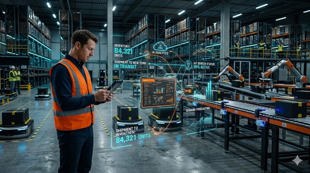Smart supply chain management using Industry 4.0 technology with automated warehouse robots and digital data interface