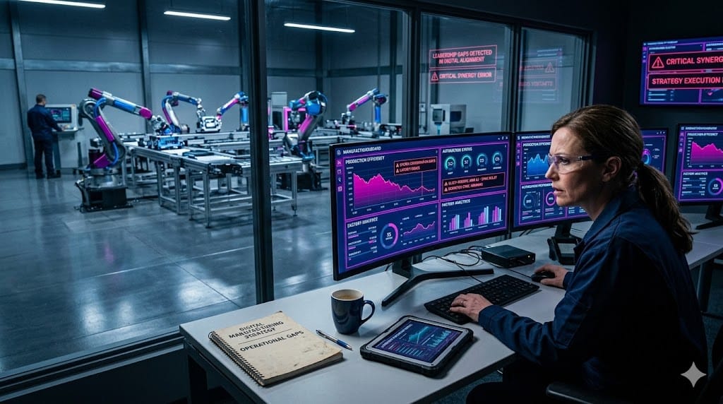 Engineer monitoring automated smart factory production systems with digital manufacturing dashboards highlighting leadership and oversight challenges.