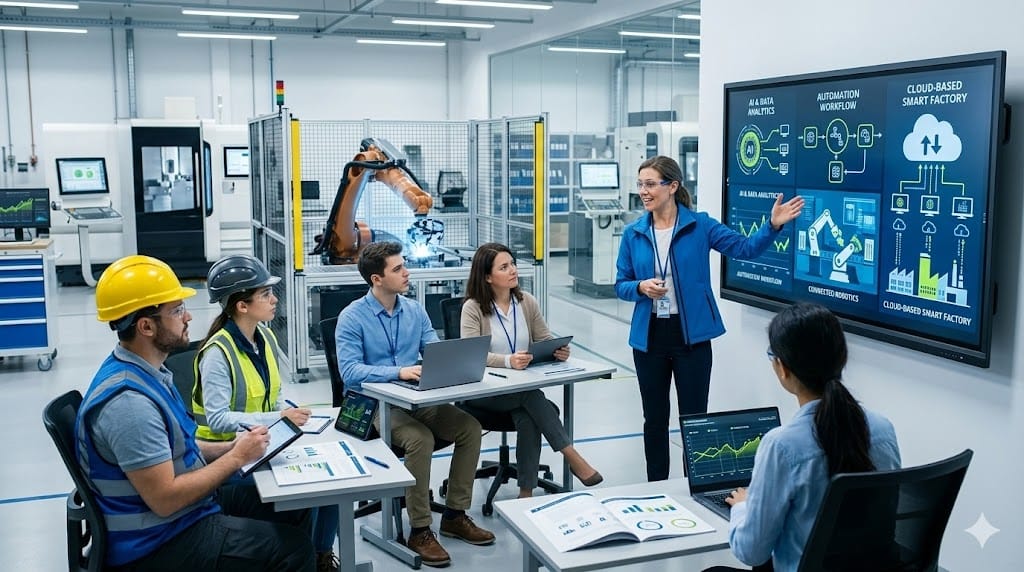 Engineers learning digital manufacturing technology with instructor using virtual screen in smart factory training area