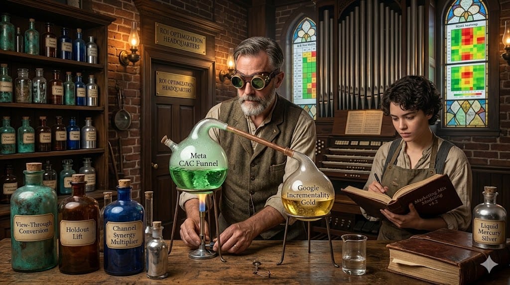 Clandestine data alchemy lab where CPG marketing sorcerers transmute raw ad spend into golden ROI through bubbling retort tubes connecting Meta auction simulators to Google incrementality dashboards, while physical abacus frames calculate "True Attribution Lift" across walled garden black boxes.