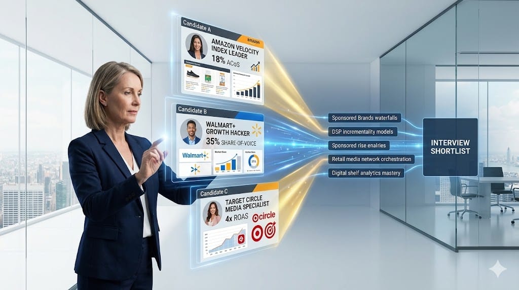 Executive recruiter identifying top digital shelf leader talent through Amazon analytics profiles, with candidate dashboards showing ACoS mastery, share-of-voice dominance, and retail media network conquest metrics.