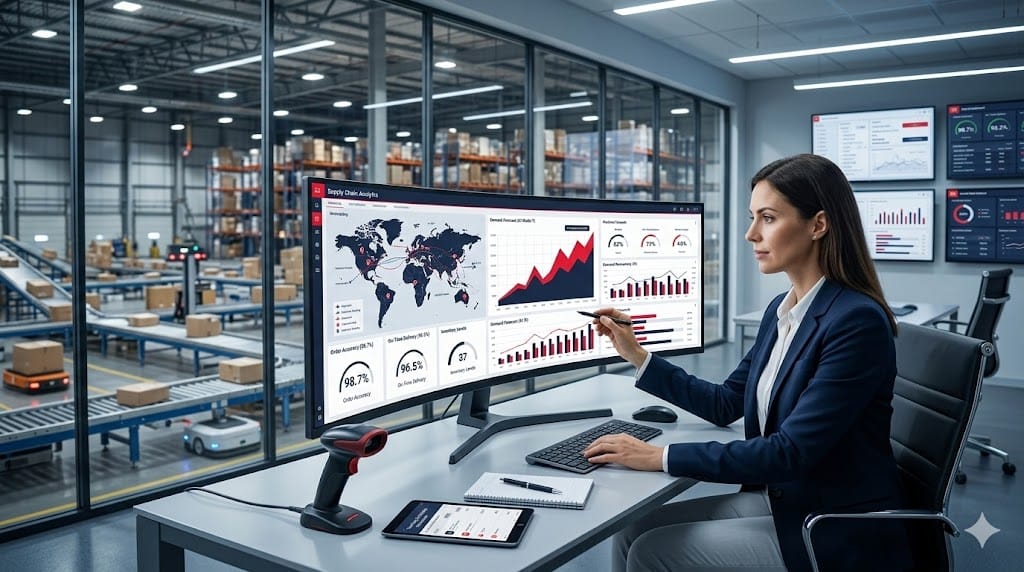 Digital supply chain analytics concept with logistics dashboard, predictive graphs, warehouse automation, and professional analyzing real-time data