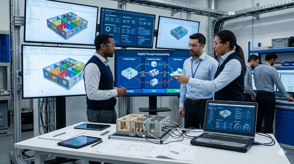 Engineers reviewing connected digital models of prefab components across multiple screens