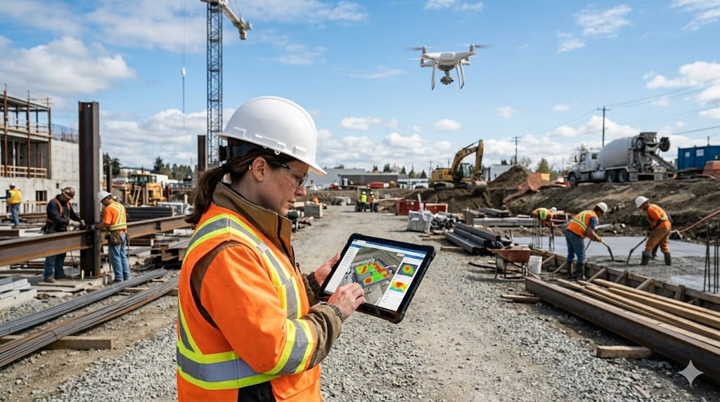 Field engineer using tablet while drone monitors construction site operations
