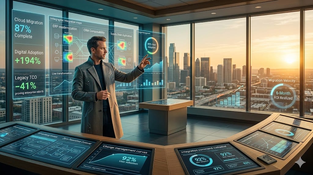 organizational digital transformation leader orchestrating enterprise-wide change, aligning legacy systems with cloud-native architecture in innovation command center.