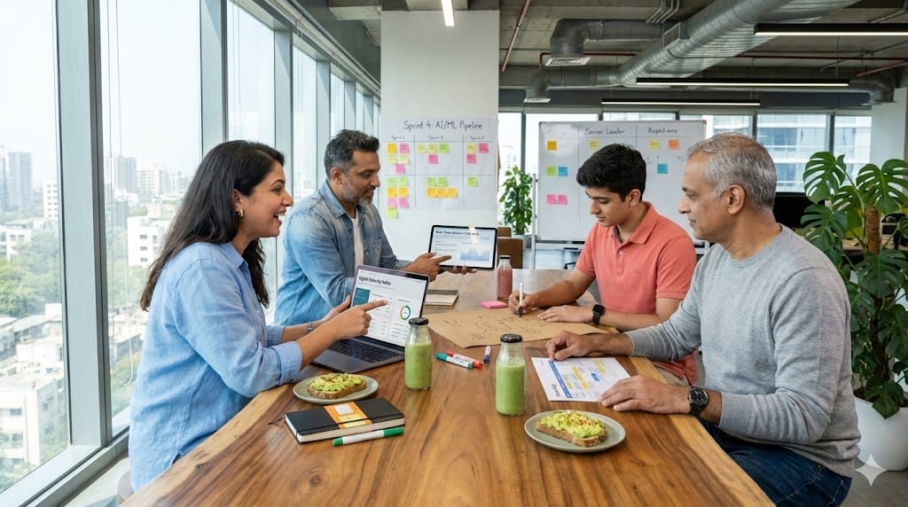  Pharma executives embracing digital transformation during data-driven strategy session in sunlit open-plan office—laptops display real-time dashboards showing patient journey analytics, AI prediction models, and operational efficiency gains on communal table with notebooks and smoothies.
