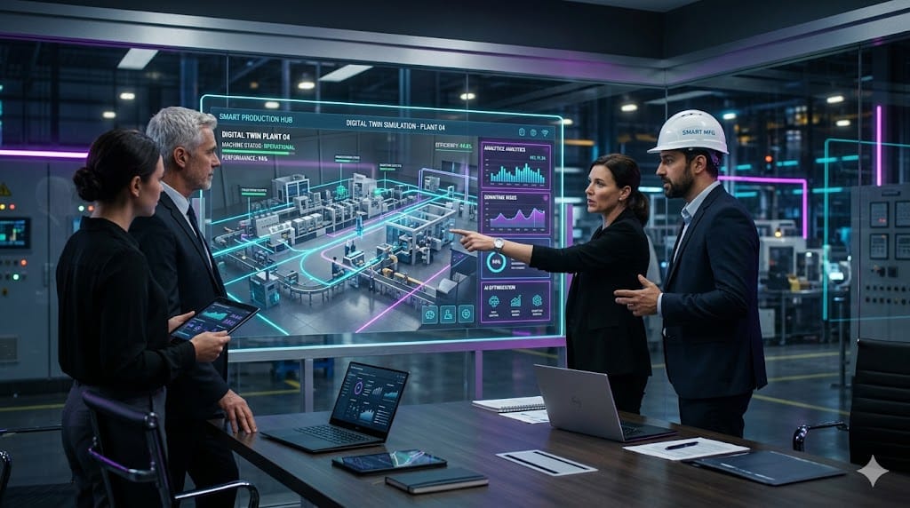 Executives reviewing digital twin simulation of manufacturing plant on virtual screen during strategy meeting