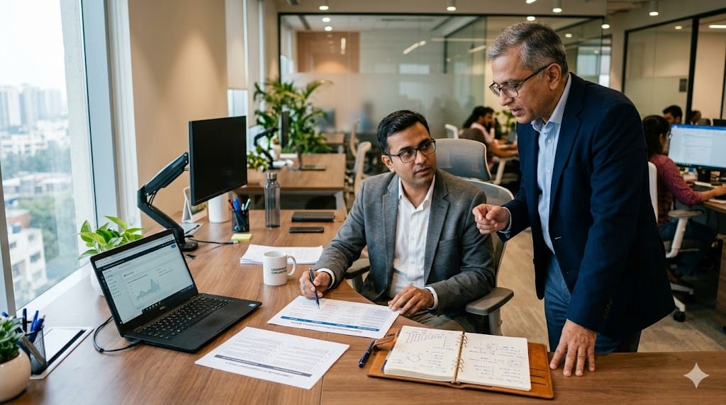 two engineering leaders reviewing different level responsibilities on documents in corporate office