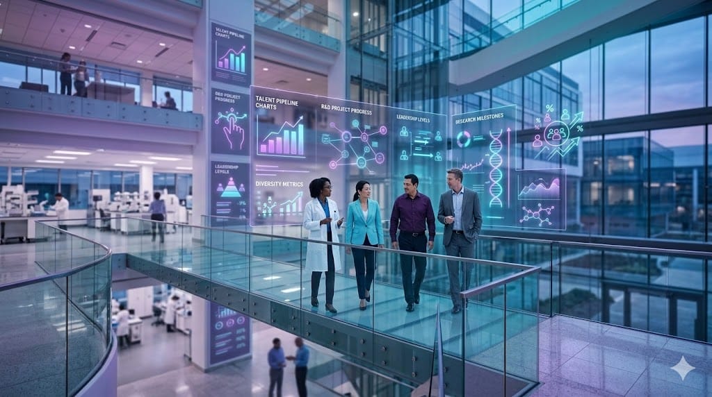 Building diverse executive and R&D leadership bench with talent development, research innovation, and leadership pipeline analytics